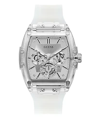 Guess Men's Multi-Function Transparent and Silver-Tone Silicone Strap Watch 43mm