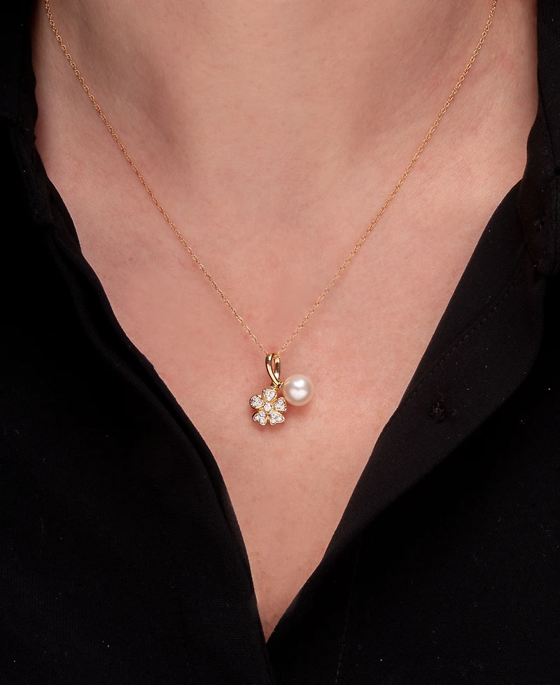 Cultured Freshwater Pearl with Diamond Flower Pendant Necklace in 14K Yellow Gold