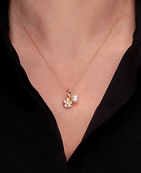 Cultured Freshwater Pearl with Diamond Flower Pendant Necklace in 14K Yellow Gold