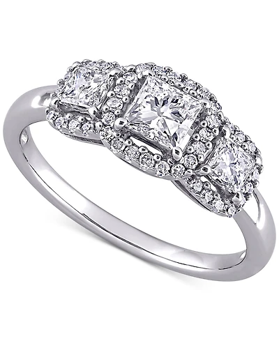 Diamond Princess Halo Three Stone Engagement Ring (1 ct. t.w.) 14k White Gold