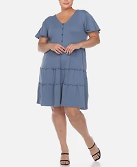 White Mark Plus Short Sleeve V-neck Tiered Midi Dress