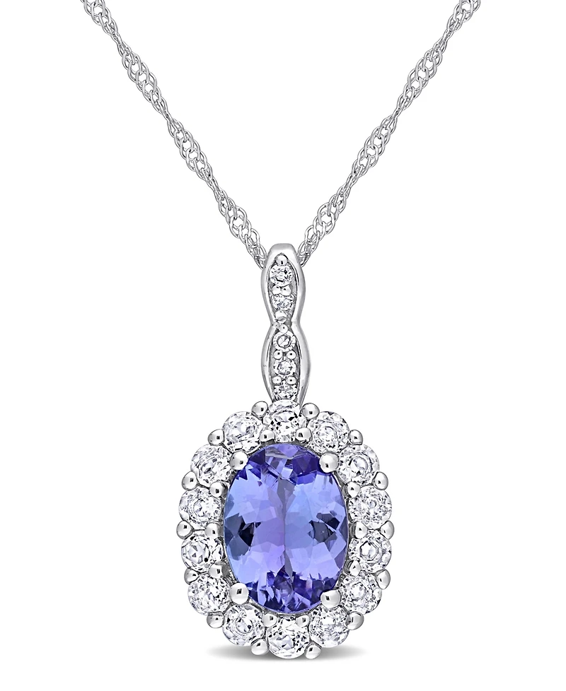 Tanzanite, Topaz and Diamond Accent Vintage-Like Halo Necklace in 14K White Gold
