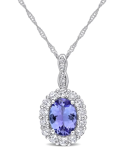 Tanzanite, Topaz and Diamond Accent Vintage-Like Halo Necklace in 14K White Gold