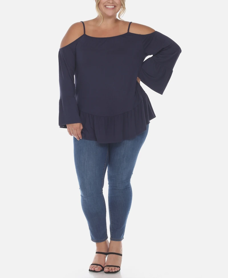 White Mark Plus Cold Shoulder Ruffle Sleeve Top