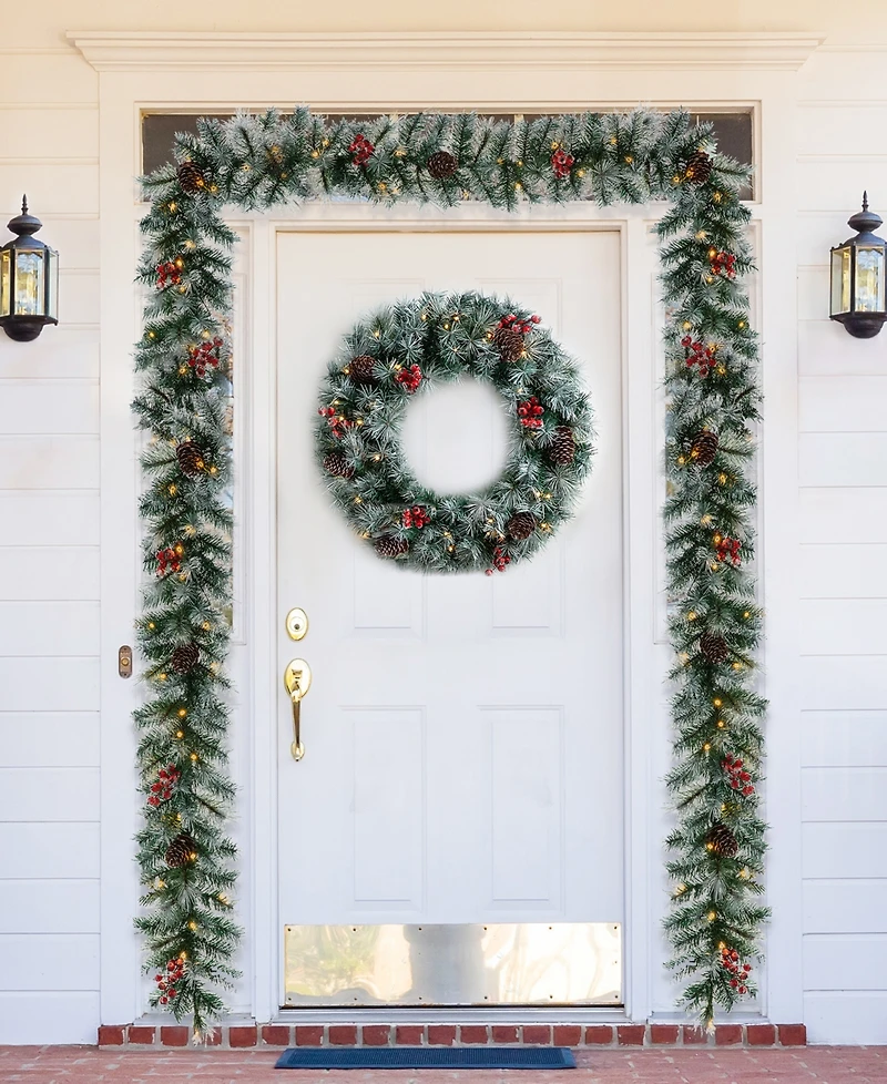 Glitzhome 9' Pre-Lit Greenery Pine Cones and Berries Christmas Garland, with 50 Warm White Lights