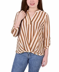 Petite Size 3/4 Push Tab Mandarin Collar Blouse with Front Pleats