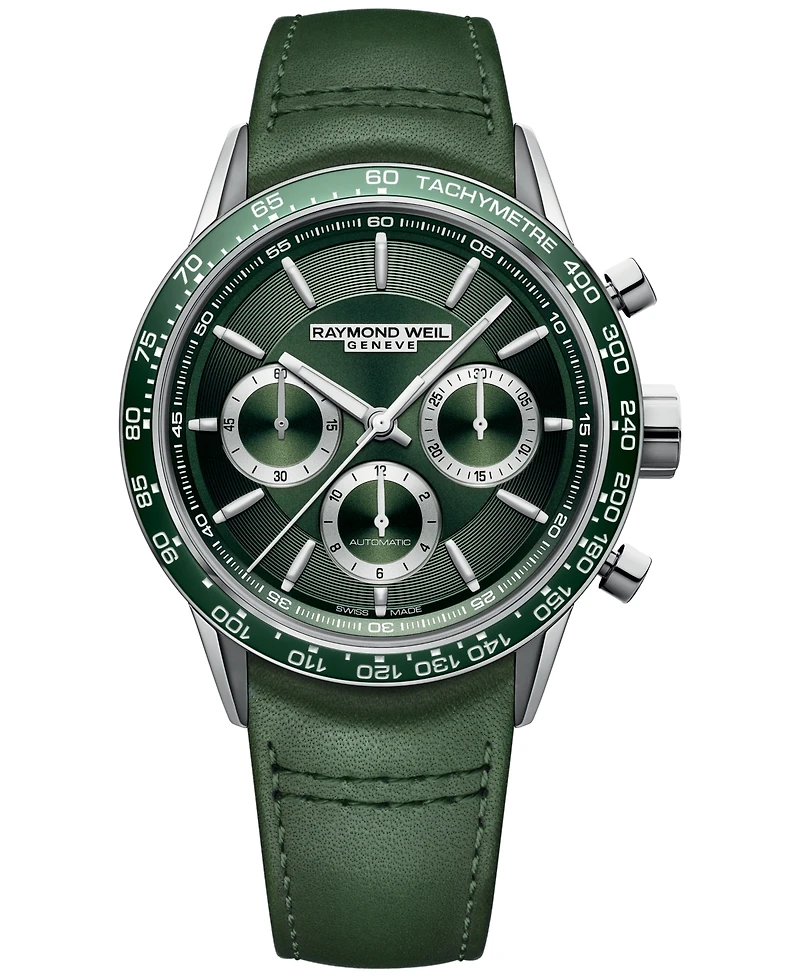 Raymond Weil Men's Swiss Automatic Chronograph Freelancer Green Leather Strap Watch 43.5mm