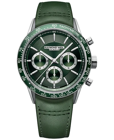 Raymond Weil Men's Swiss Automatic Chronograph Freelancer Green Leather Strap Watch 43.5mm