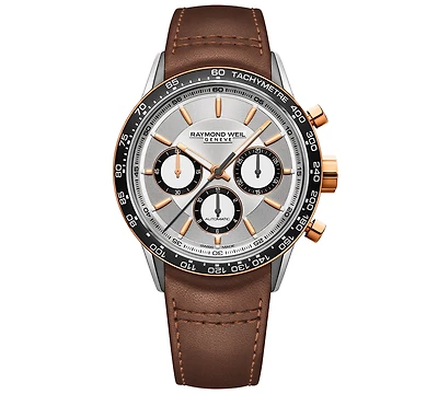 Raymond Weil Men's Swiss Automatic Chronograph Freelancer Brown Leather Strap Watch 43.5mm