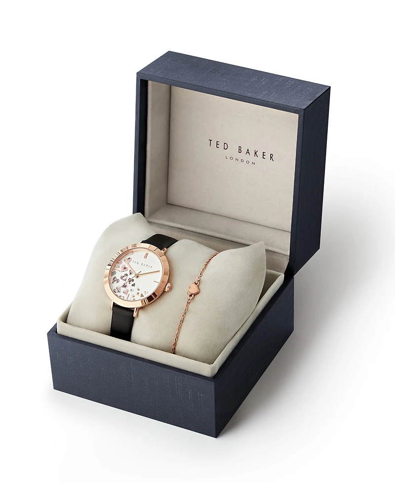 Ted Baker Women's Ammy Hearts Black Leather Strap Watch 34mm and Bracelet Gift Set, 2 Pieces