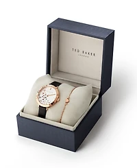 Ted Baker Women's Ammy Hearts Black Leather Strap Watch 34mm and Bracelet Gift Set, 2 Pieces
