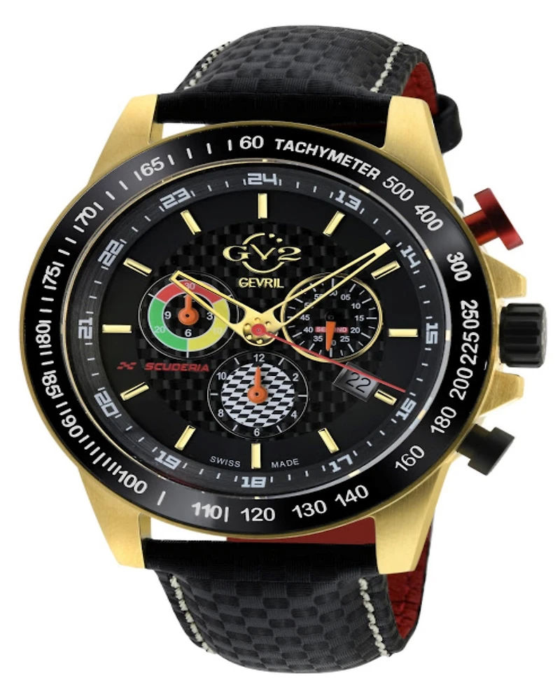 Gevril Men's Scuderia Swiss Quartz Italian Black Leather Strap Watch 45mm