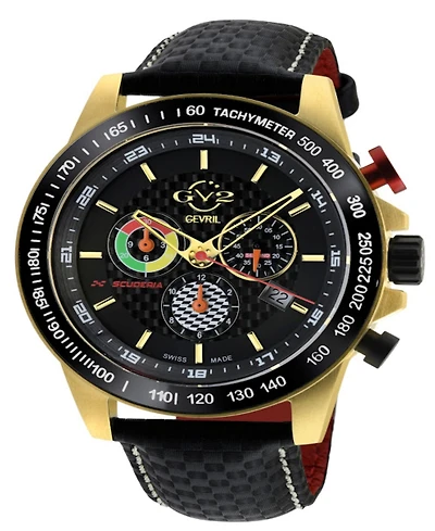 Gevril Men's Scuderia Swiss Quartz Italian Black Leather Strap Watch 45mm