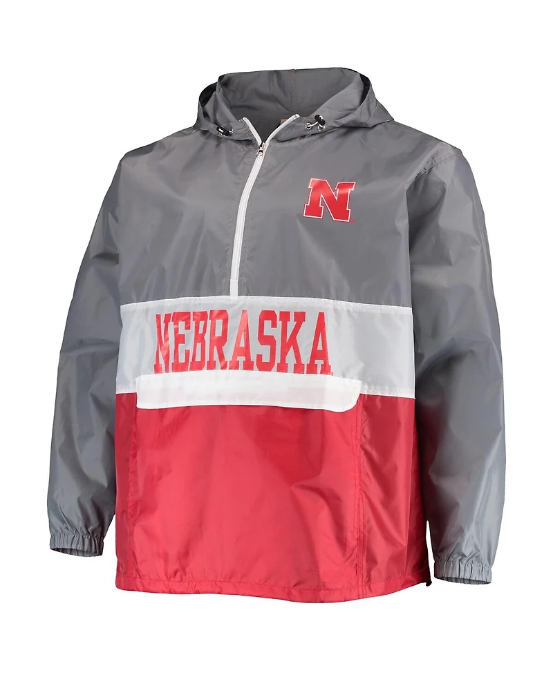 Men's Fanatics Gray, Scarlet Nebraska Huskers Big and Tall Water-Resistant Half-Zip Hoodie