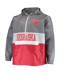 Men's Fanatics Gray, Scarlet Nebraska Huskers Big and Tall Water-Resistant Half-Zip Hoodie