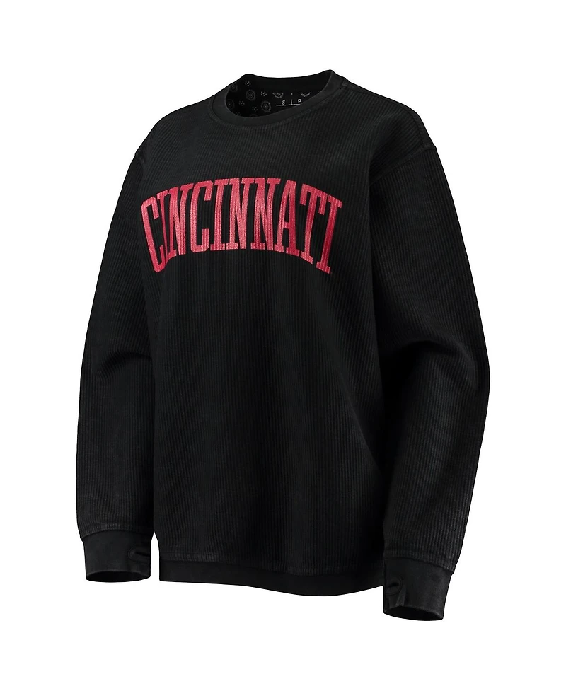 Women's Pressbox Black Cincinnati Bearcats Comfy Cord Vintage-Like Wash Basic Arch Pullover Sweatshirt