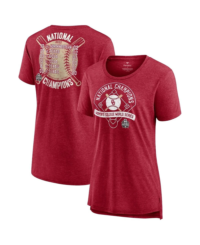 Women's Fanatics Heathered Crimson Oklahoma Sooners 2022 Ncaa Softball Women's College World Series Champions Slide Schedule T-shirt