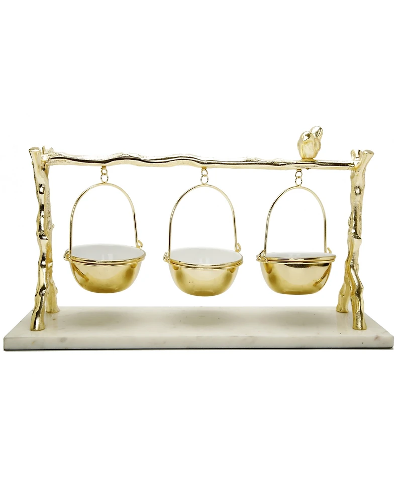 Classic Touch 3 Hanging Bowls on Branch and Bird Stand with Marble Base