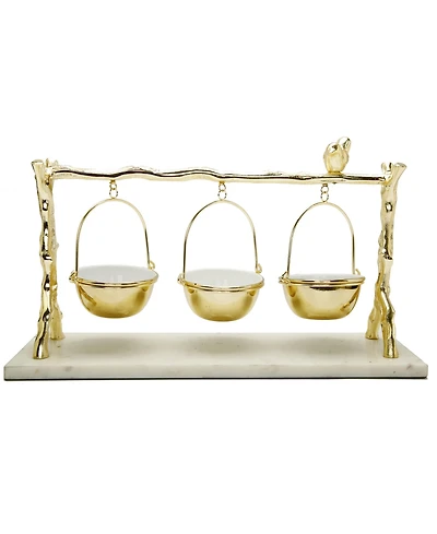 Classic Touch 3 Hanging Bowls on Branch and Bird Stand with Marble Base