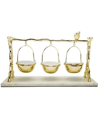 Classic Touch 3 Hanging Bowls on Branch and Bird Stand with Marble Base
