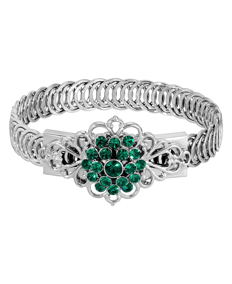 2028 Silver-Tone Emerald Green Flower Overlay Belt Bracelet