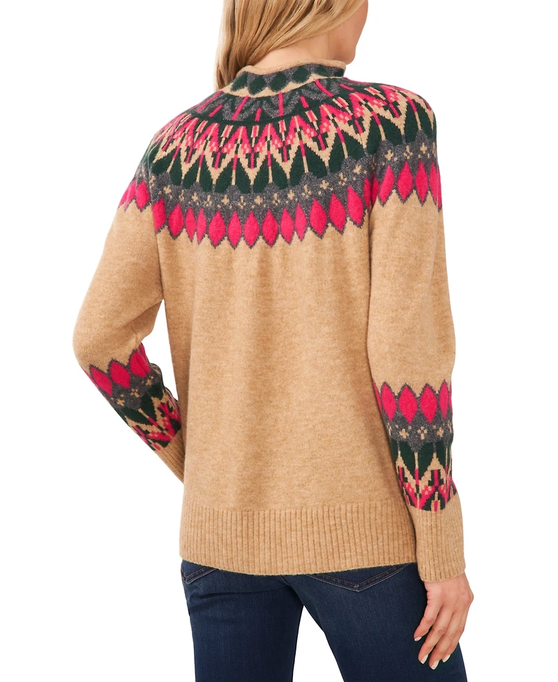 CeCe Women's Fair Isle Long Sleeve Mock Neck Sweater