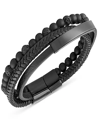 Men's Onyx & Lava Bead Triple Row Braided Leather Bracelet Black Ion-Plated Stainless Steel (Also Onyx/Sodalite)