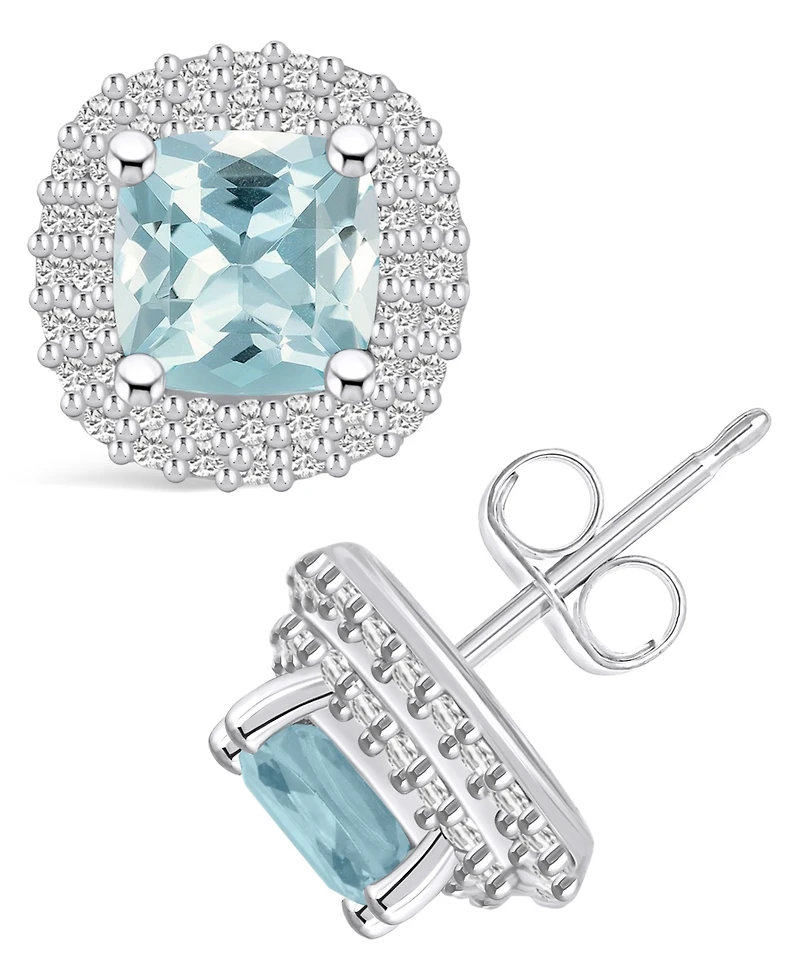 Macy's Aquamarine (1-3/4 ct. t.w.) and Diamond (3/8 ct. t.w.) Halo Stud Earrings in 14K Gold