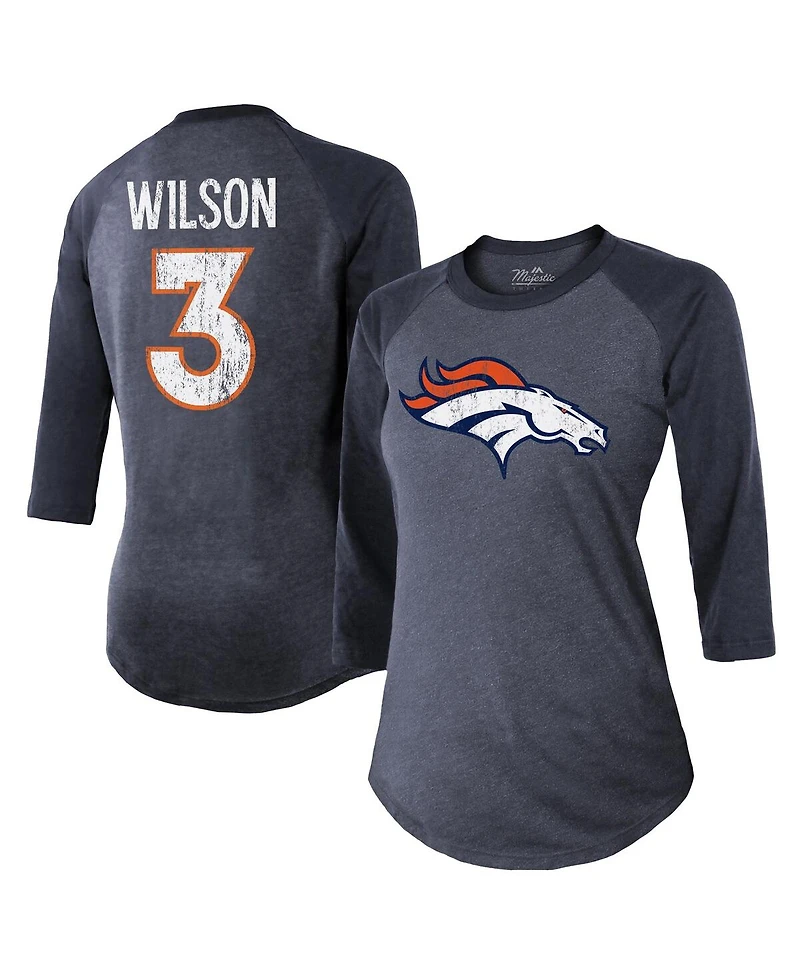 Women's Majestic Threads Russell Wilson Navy Denver Broncos Name & Number Raglan 3/4 Sleeve T-shirt