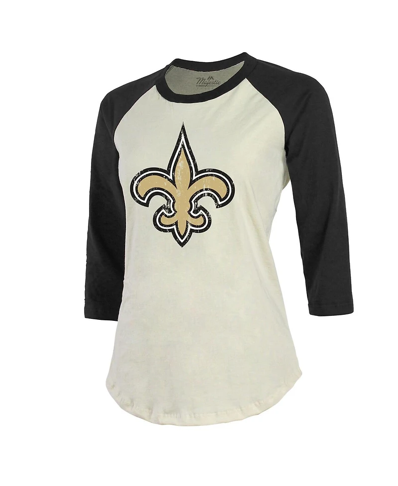 Women's Majestic Threads Tyrann Mathieu Cream, Black New Orleans Saints Name & Number Raglan 3/4 Sleeve T-shirt