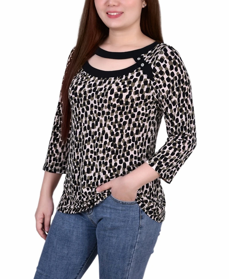 Ny Collection Petite 3/4 Sleeve with Combo Bands and Front Cutout Top