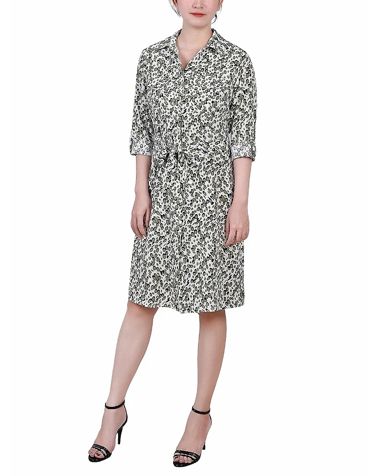 Ny Collection Petite Printed Long Sleeve Roll Tab Shirtdress