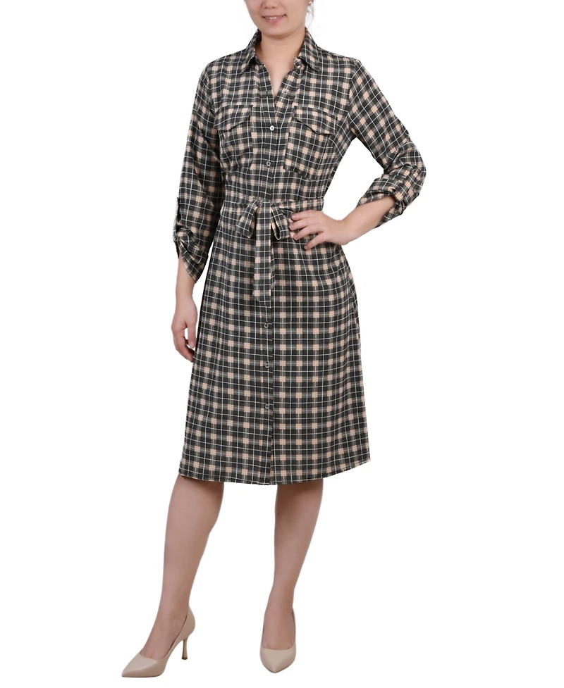 Ny Collection Petite Printed Long Sleeve Roll Tab Shirtdress