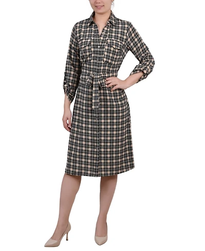 Ny Collection Petite Printed Long Sleeve Roll Tab Shirtdress