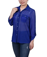 Ny Collection Petite Long Roll Tab Sleeve Burnout Knit Top