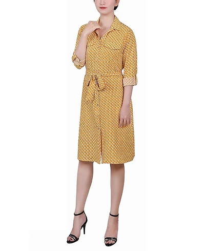 Ny Collection Petite Printed Long Sleeve Roll Tab Shirtdress