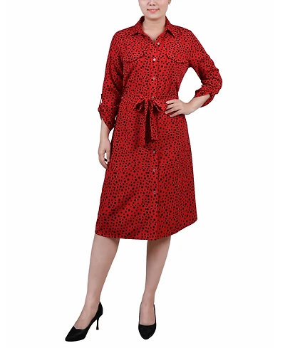 Ny Collection Petite Printed Long Sleeve Roll Tab Shirtdress