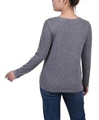 Petite Long Sleeve Knit Keyhole Top