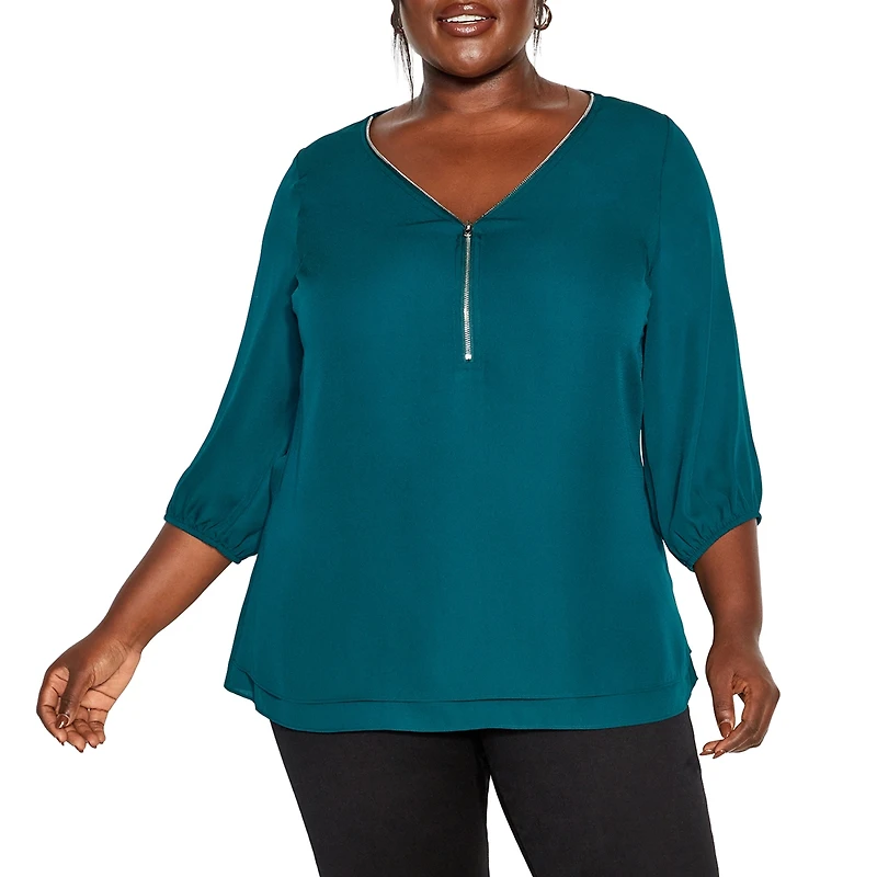 City Chic Plus Fashion Fling Elbow Sleeve Zip Neck Top