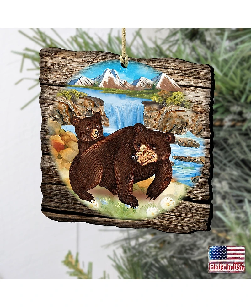Designocracy Bear Cabin Wooden Christmas Ornament, Set of 2