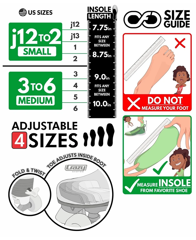 Crazy Skates Glitz Adjustable Roller For Women And Girls - To Fit 4 Sizes