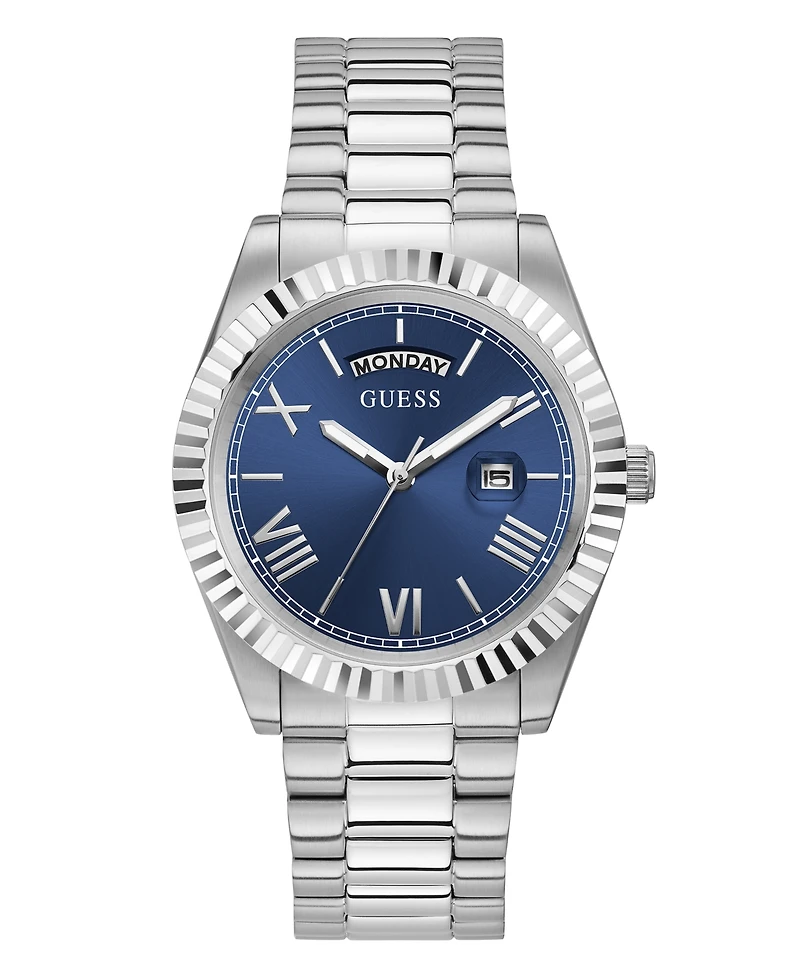 Guess Men's Silver-Tone Stainless Steel Bracelet, Day, Date Watch, 42mm