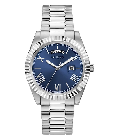 Guess Men's Silver-Tone Stainless Steel Bracelet, Day, Date Watch, 42mm