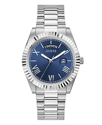 Guess Men's Silver-Tone Stainless Steel Bracelet, Day, Date Watch, 42mm
