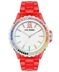 Steve Madden Women's Analog Transparent Red Plastic with Rainbow Crystal Bracelet Watch, 40mm