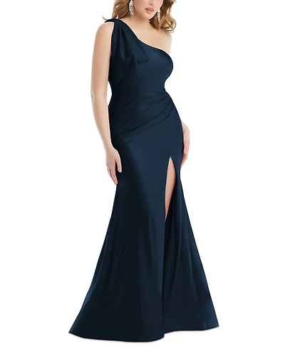 Cynthia & Sahar Women's Cascading Bow One-Shoulder Stretch Satin Mermaid Dress with Slight Train