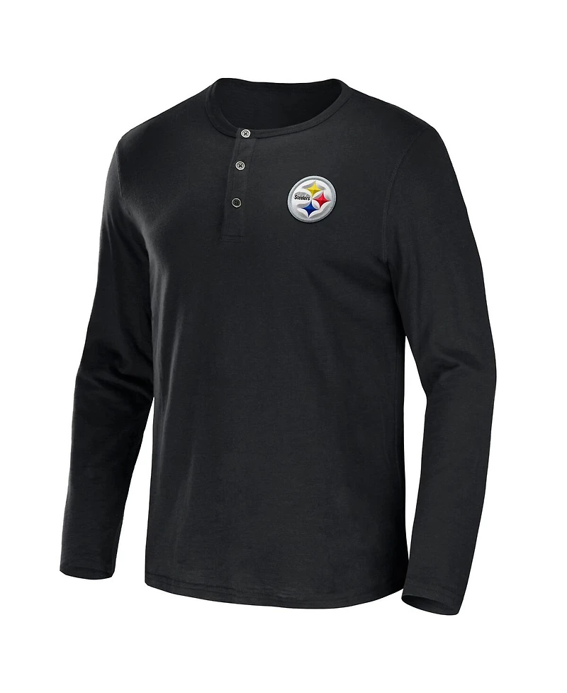 Men's Nfl x Darius Rucker Collection by Fanatics Black Pittsburgh Steelers Slub Jersey Henley Long Sleeve T-shirt