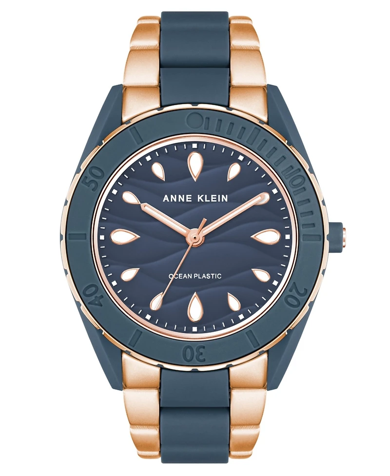 Anne Klein Women's Three-Hand Quartz Rose Gold-Tone and Blue Solar Oceanwork Plastic Bracelet Watch, 38.5mm