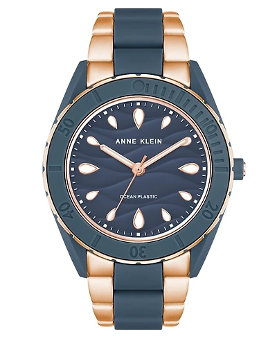 Anne Klein Women's Three-Hand Quartz Rose Gold-Tone and Blue Solar Oceanwork Plastic Bracelet Watch, 38.5mm