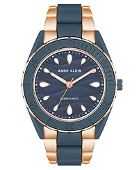 Anne Klein Women's Three-Hand Quartz Rose Gold-Tone and Blue Solar Oceanwork Plastic Bracelet Watch, 38.5mm